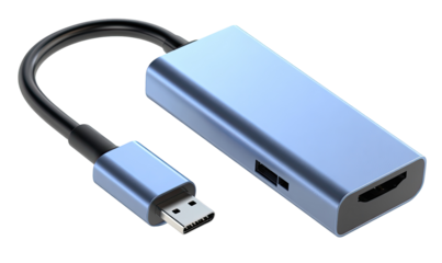 Light-blue adapter with HDMI and USB ports