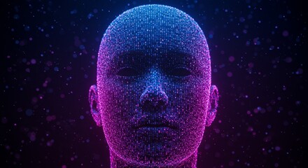 A digital human head made of sparkling particles, reflecting the concepts of futuristic technology, artificial intelligence, and advanced innovation.
