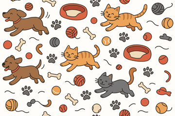 Obraz premium Cute dogs and cats playing with toys in a fun, colorful pattern for pet lovers