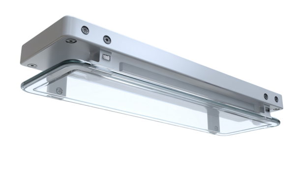 Overhead light fixture, rectangular,  clear glass,  modern design.  White metal frame