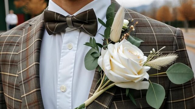 A stylish groom stands proudly in a patterned suit, adorned with a bow tie and floral boutonniere, highlighting a seasonal outdoor setting