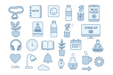Blue wellness and productivity icon set featuring meditation, hydration, aromatherapy, daily planning, self-care, and mindful habits