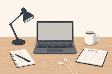 Workspace setup with laptop, planner, and coffee cup for productive day at home