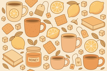 Warm beverages and sweet treats create a cozy atmosphere in a comforting arrangement with honey, lemons, and biscuits