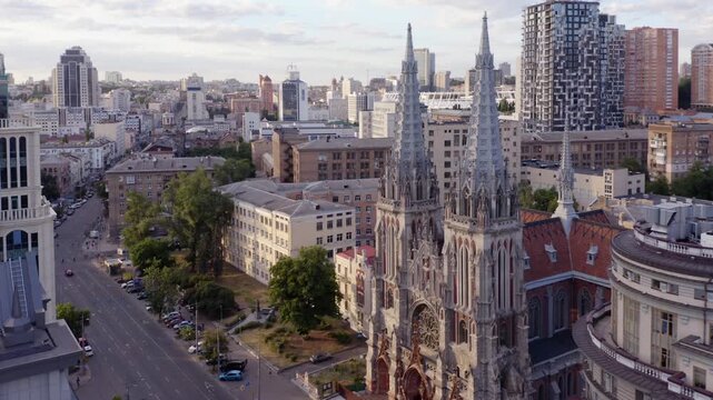 Aerial drone view of Roman Catholic Church of St. Nicholas. National House of Organ and Chamber. Beautiful cityscape view. Kyiv, Ukraine.