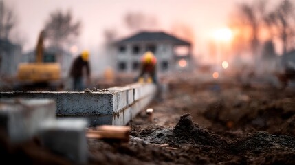 Naklejka premium Construction workers building new houses in a developing estate