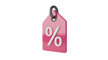 A pink tag with a white percentage sign hanging against a black background in a studio shot