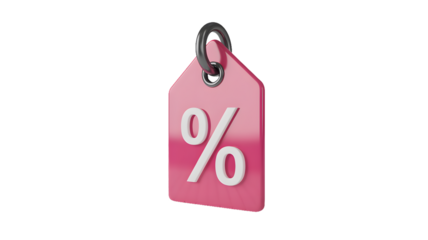 A pink tag with a white percentage sign hanging against a black background in a studio shot