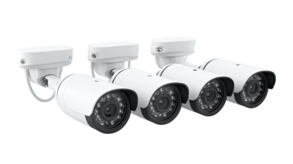Three white security cameras mounted, in a row