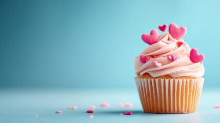Pink Cupcake with Heart Decorations on Blue Background.