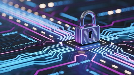 Digital padlock on glowing circuit board with binary code security technology