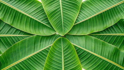 Symmetrical Pattern of Vibrant Green Banana Leaves image photo