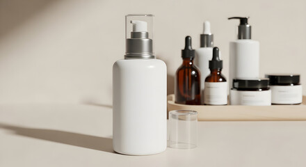 White cosmetic bottle mockup with pump dispenser on clean background. Minimal skincare container design template for branding, shampoo, lotion, or liquid soap packaging presentation.