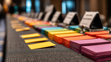 Event table registration name badge lanyard stack paper colorful rainbow office conference