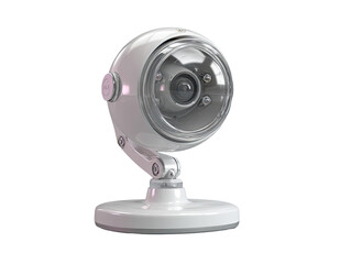 Spherical white security camera with a clear lens and multiple LEDs.  Rounded body, adjustable arm, and a circular base