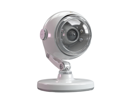 Spherical white security camera with a clear lens and multiple LEDs.  Rounded body, adjustable arm, and a circular base
