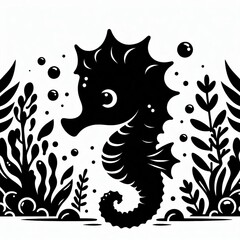 Fototapeta premium Stylized black silhouette of a seahorse surrounded by underwater plants and bubbles