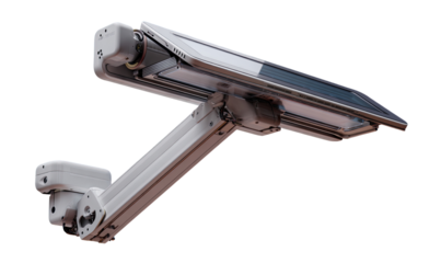 Overhead, adjustable arm with a flat panel display.  The arm is light gray, and the display is white.  Technical and industrial design