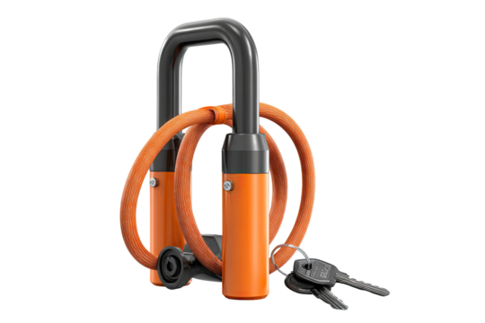 Orange and gray bike lock with two looped rings and a key
