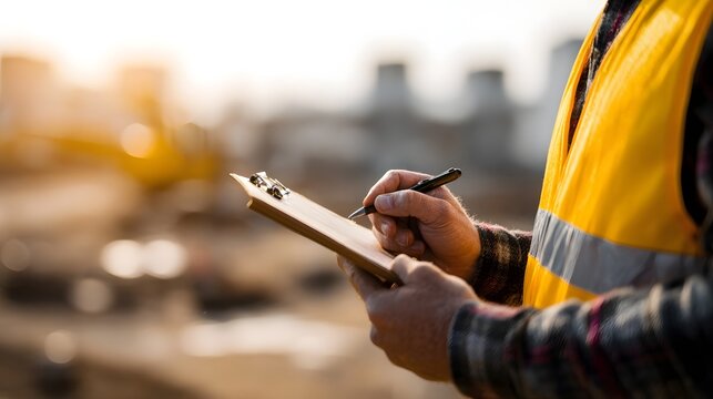Construction worker inspecting a project with a clipboard on site