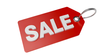 A red sale tag with white text on a black background indicating a promotional retail discount event