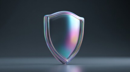 A colorful, shiny, and reflective shield is displayed on a dark background