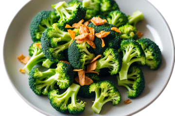 Broccoli florets with fried garlic isolated on transparent background