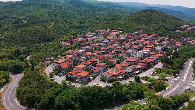 Aerial Drone Shot Over Platamon, A Greek Coastal Town In Pieria, Greece On A Sunny Summer Afternoon.