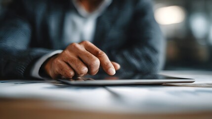 Investor reviewing financial data and ROI on a tablet in a home office setting