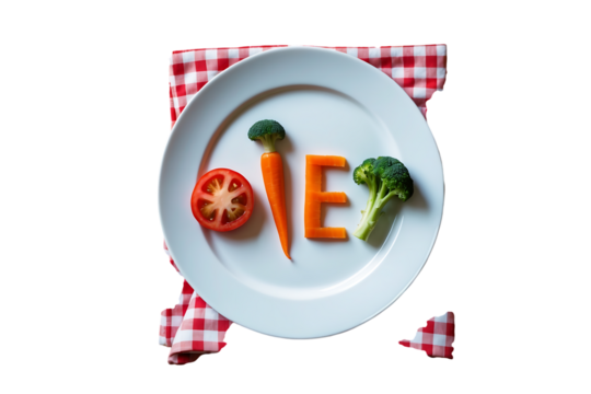 Vegetable letters on a plate isolated on transparent background