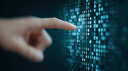 A hand pointing at a screen with a blue background and a series of black