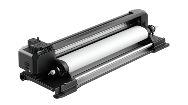 Industrial roll-fed printing or finishing machine.  A long, rectangular, black metal machine, likely for printing or finishing rolls of material.