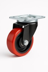Red polyurethane wheel attached to a black metal caster with a silver swivel plate