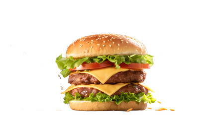 A double cheeseburger with lettuce, tomato, and sesame bun isolated on transparent background