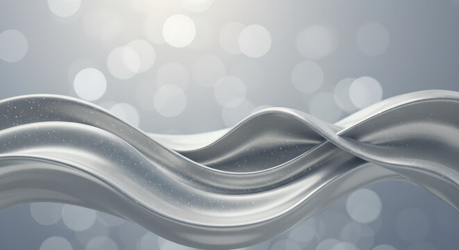 Graceful silver metallic waves with sparkling texture flowing against a soft bokeh light, a modern abstract design.
