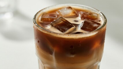A close-up of an iced coffee in a dewy glass, showing layers of coffee and milk with ice cubes. It evokes cool refreshment and a relaxing break.