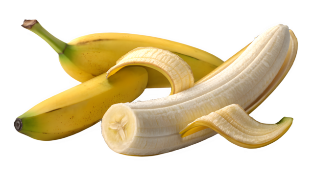 Two bananas, one peeled, isolated on transparent background, studio shot, closeup
