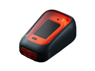 Small, dark-gray device with translucent orange/red panel