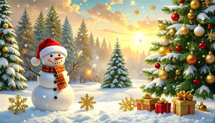Fototapeta premium Snowman surrounded by Christmas trees. Festive snowman with a scarf and gifts. Snowman in snowy village during Christmas. Snowman, decorations in winter scene. Christmas snowman with snowflakes around