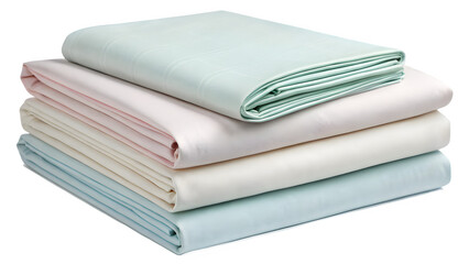 Stack of folded pastel colored bed sheets isolated on transparent background