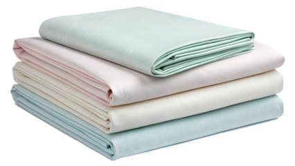 Stack of folded pastel colored bed sheets isolated on transparent background