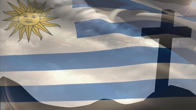 Animation of christian cross and flag of uruguay