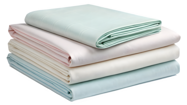 Stack of folded pastel colored bed sheets isolated on transparent background