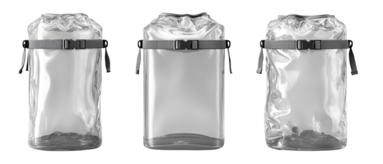 Three clear, rectangular waterproof dry bags with gray straps and buckles