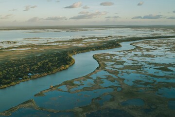 Expansive Wetland Landscape with a Winding River and Cloudy Sky aerial view