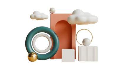 A still life of geometric shapes including a ring arch clouds and spheres on a black background