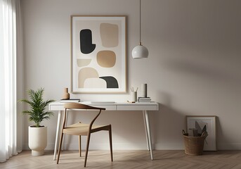 Modern Minimalist Home Office Interior with Abstract Art and Natural Light Wooden Chair and Desk