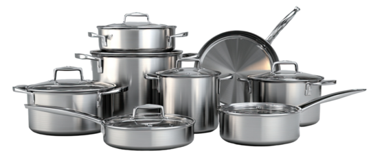 Stainless steel cookware set.  A variety of stainless steel pots and pans, including various sizes and shapes, are arranged in a group, angled slightly forward.