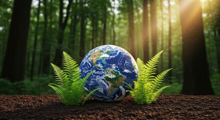 Earth globe surrounded by lush green ferns in a forest setting, symbolizing environmental sustainability, nature preservation, and global ecological awareness