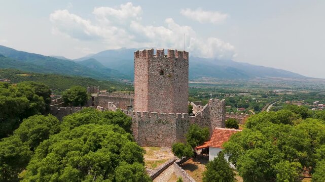Aerial Drone Shot Zooming Out From Historic Byzantine Castle Of Platamon Next To Aegean Sea, Pieria, Greece, On Sunny Summer Afternoon.
